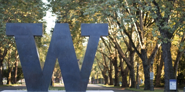 Photo by Katherine Turner. The Block W statue at the North entrance to the UW Seattle campus.