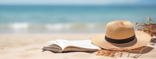 Straw hat beside an open book on a sandy beach with a blurred ocean background.