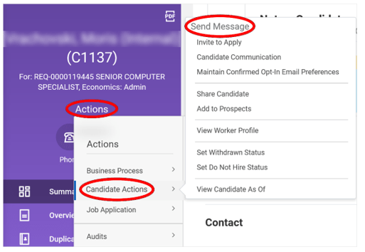 Image 2 Expanded Related Actions menu within a Candidate Profile. The Candidate Actions option of the menu is also expanded with the Send Message option of that menu circled for attention.