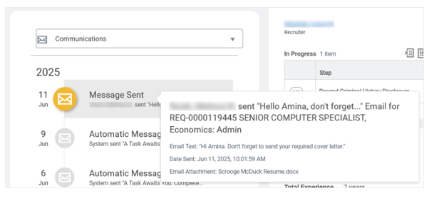 Image 5 Expanded Communications event within the Candidate Profile timeline card, showing communication details for that event.