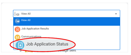 Image 2
Expanded view of the timeline card showing three selectable options: Job Application Results, Communications, and Job Application Status. The Job Application Status option is highlighted with a red circle for emphasis.